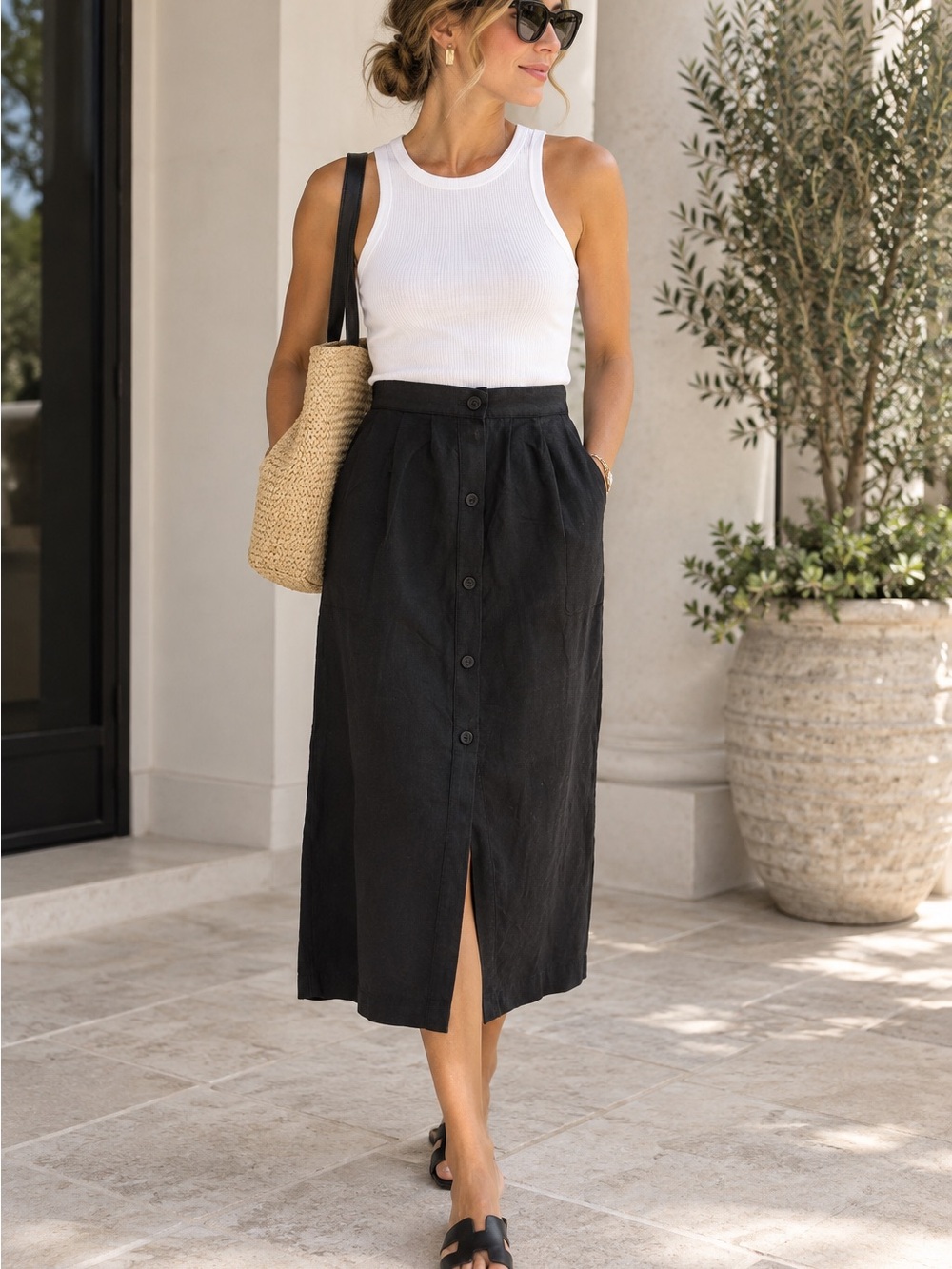 Reformation Black Button-Front High-Waist Midi Skirt